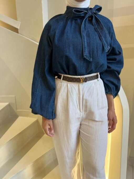 Denim  bow collar shirt